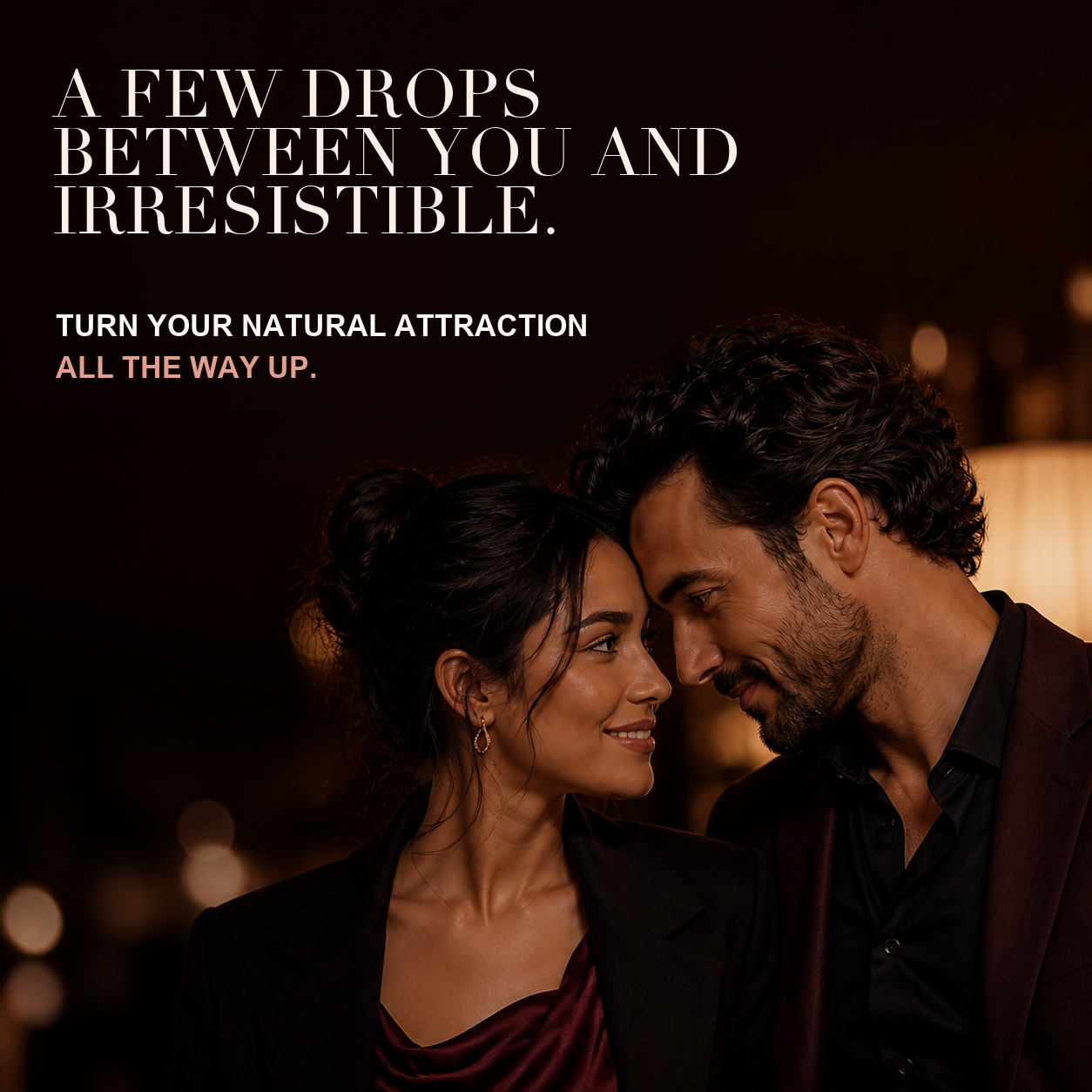Adult couple illustrating a few drops between you and irresistible.