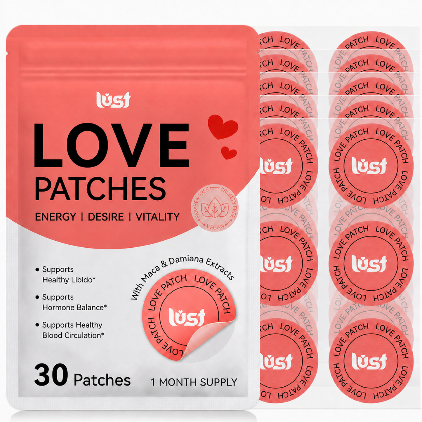 Lust Love Patches pouch and 30 patch supply