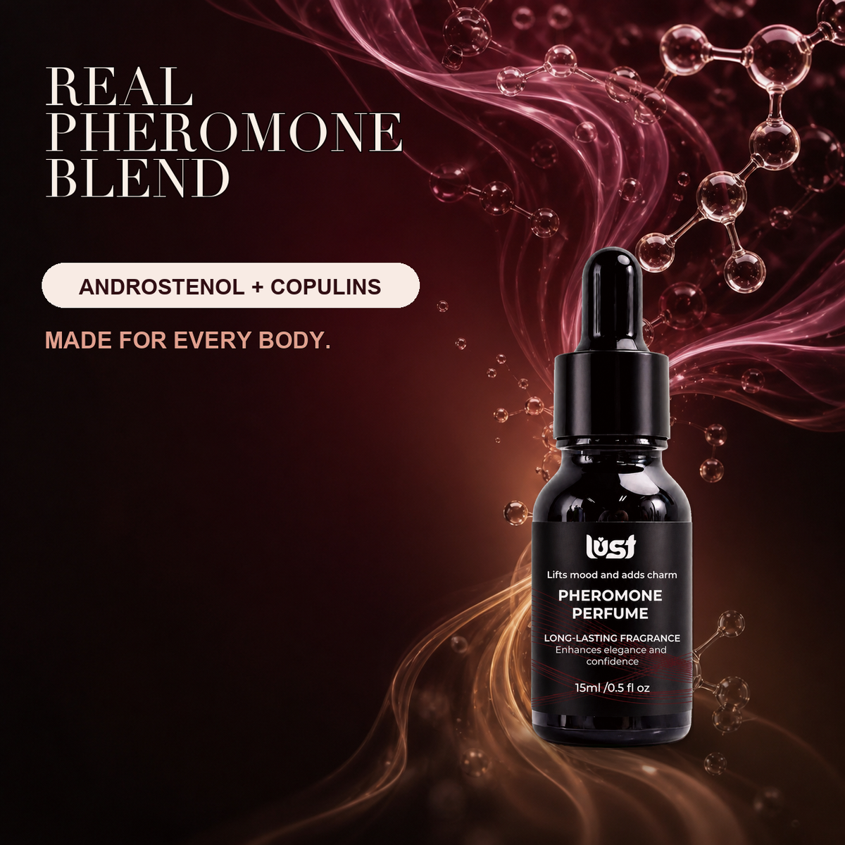 Lust real pheromone blend with Androstenol and Copulins in a 15 mL dropper bottle.