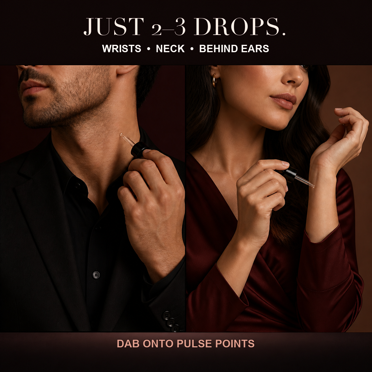 Man and woman applying 2–3 fragrance drops to neck and wrist pulse points.