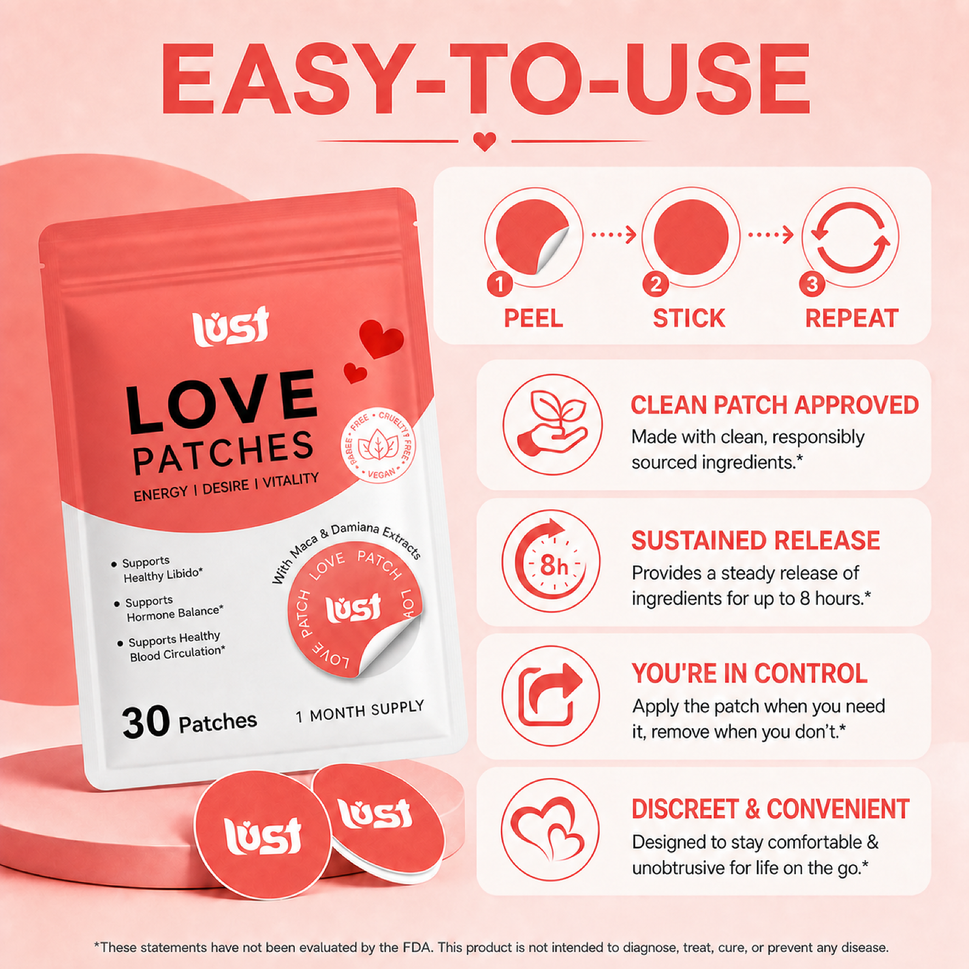 Lust Love Patches peel stick and repeat instructions