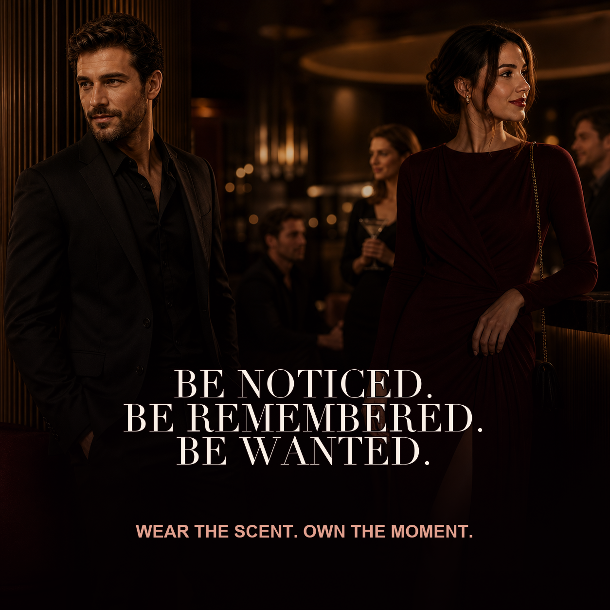 Unisex pheromone perfume campaign focused on confidence and attraction.