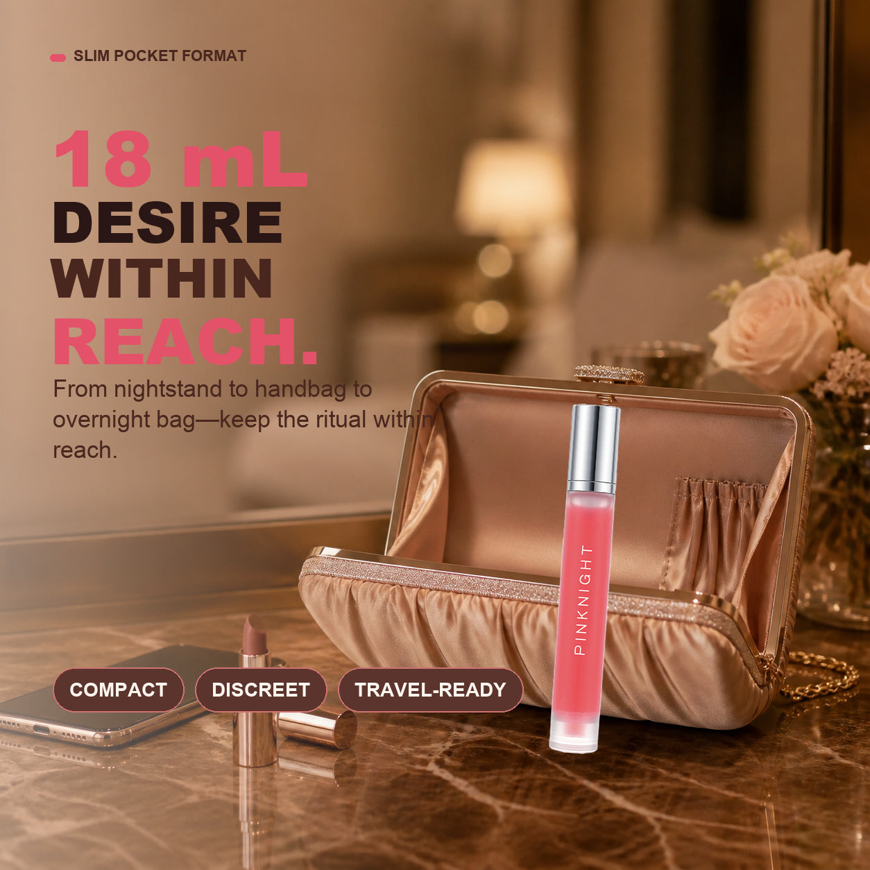 Portable 18 mL women's pleasure serum for handbag, nightstand or overnight bag
