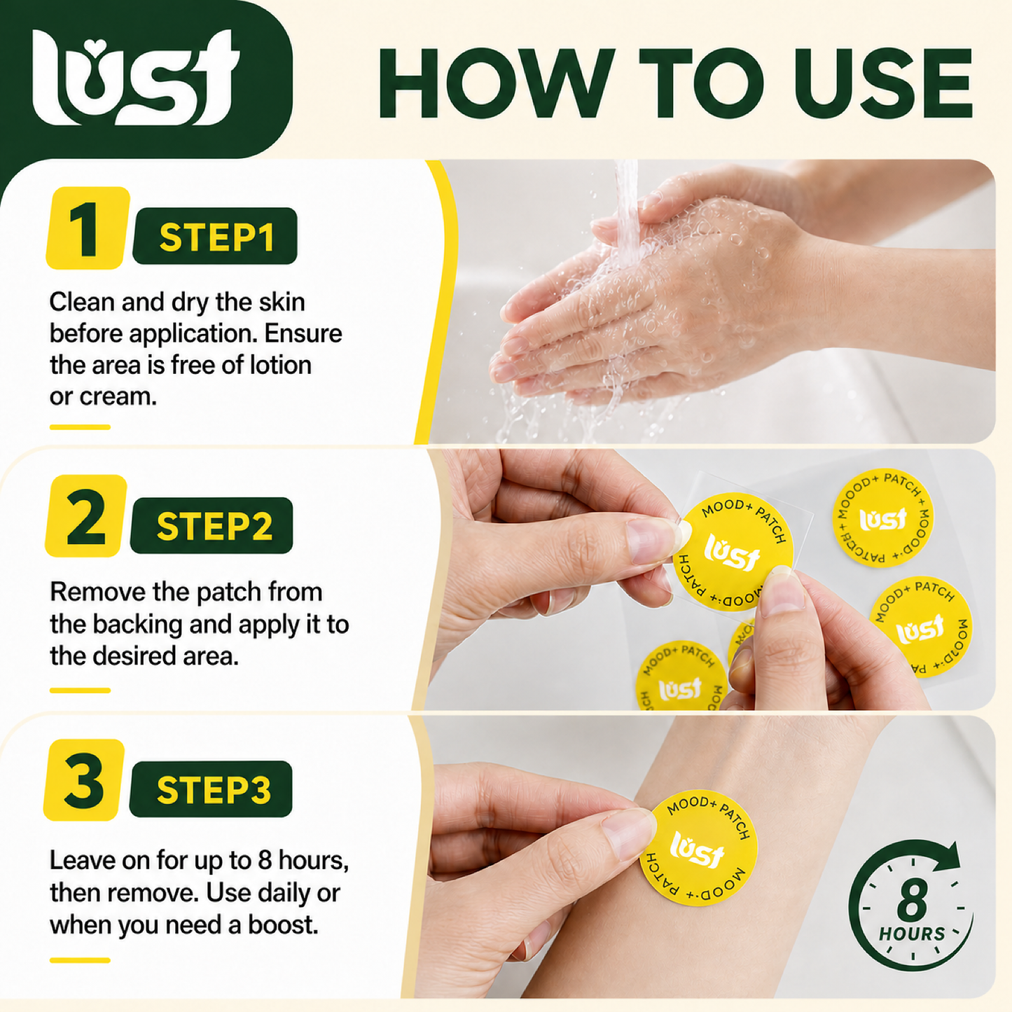 How to apply Lust Mood+ Patches directly to clean dry skin