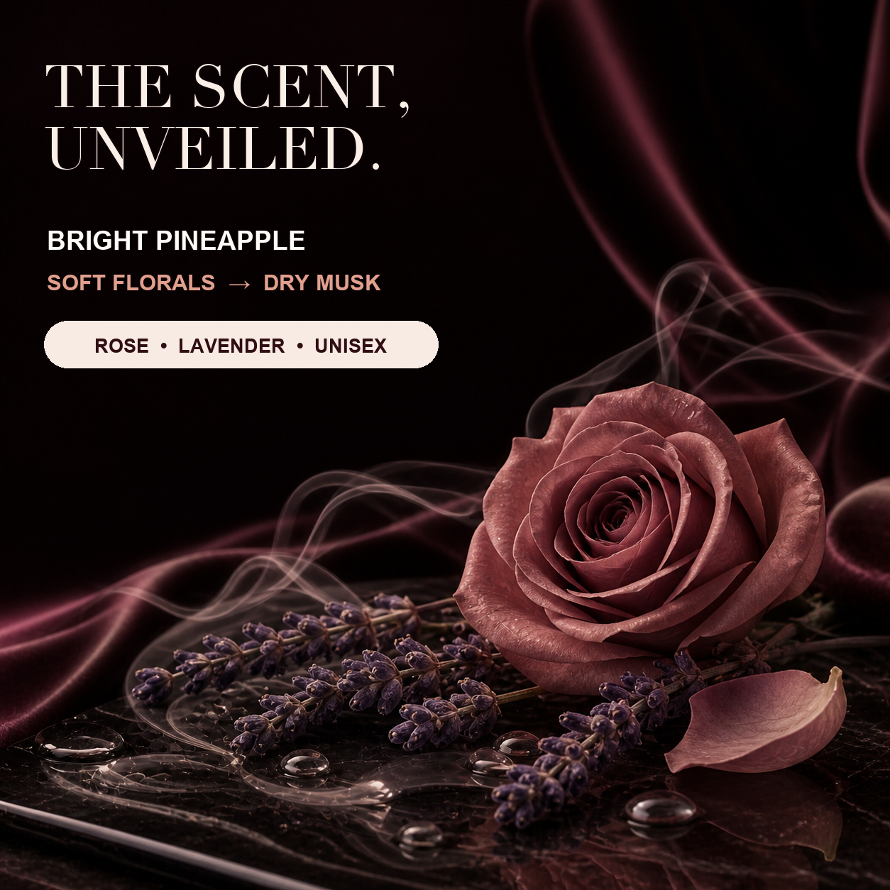Unisex fragrance profile with bright pineapple, soft florals, rose and lavender extracts, and a dry musk finish.