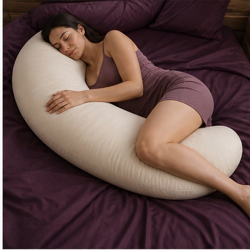 Woman resting with a cream crescent pillow on plum bedding