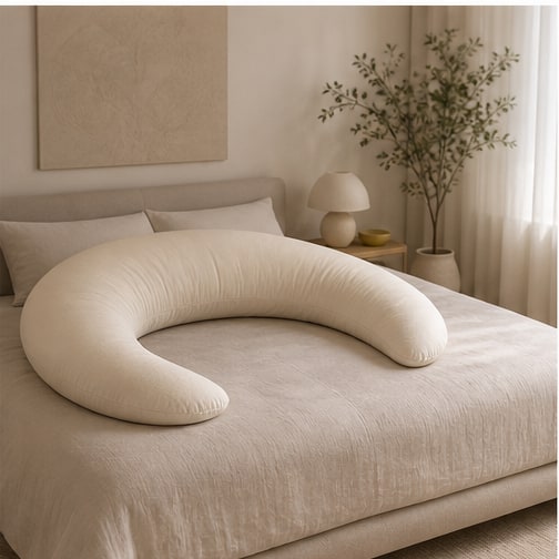 Crescent body pillow styled in a modern bedroom