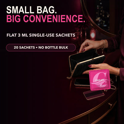 Compact 3 mL single-use sachet that fits a small evening bag