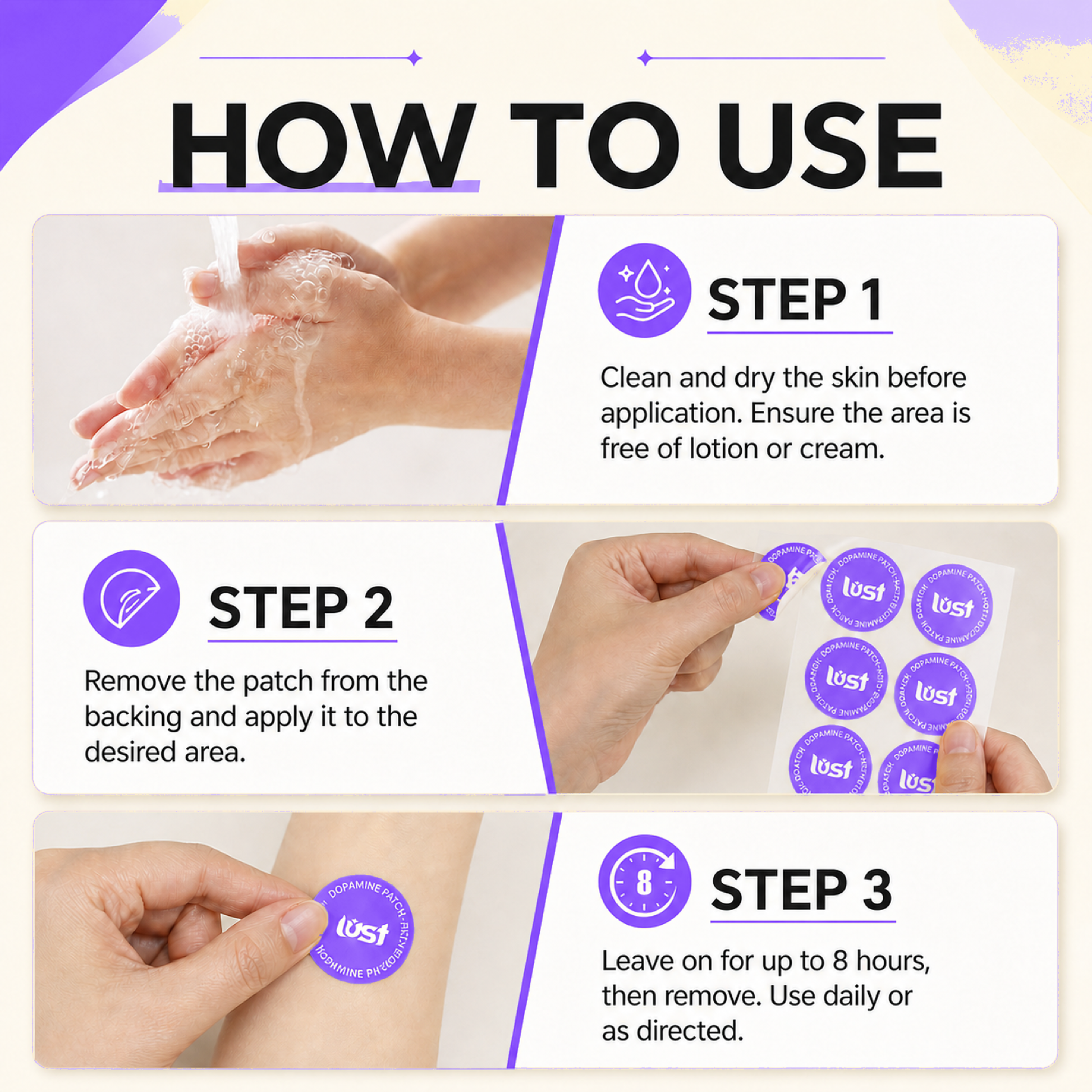 How to apply Lust Dopamine Patches to clean dry skin