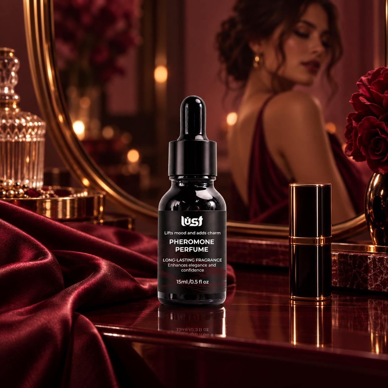 Original LUST 15 mL dropper perfume on a burgundy vanity